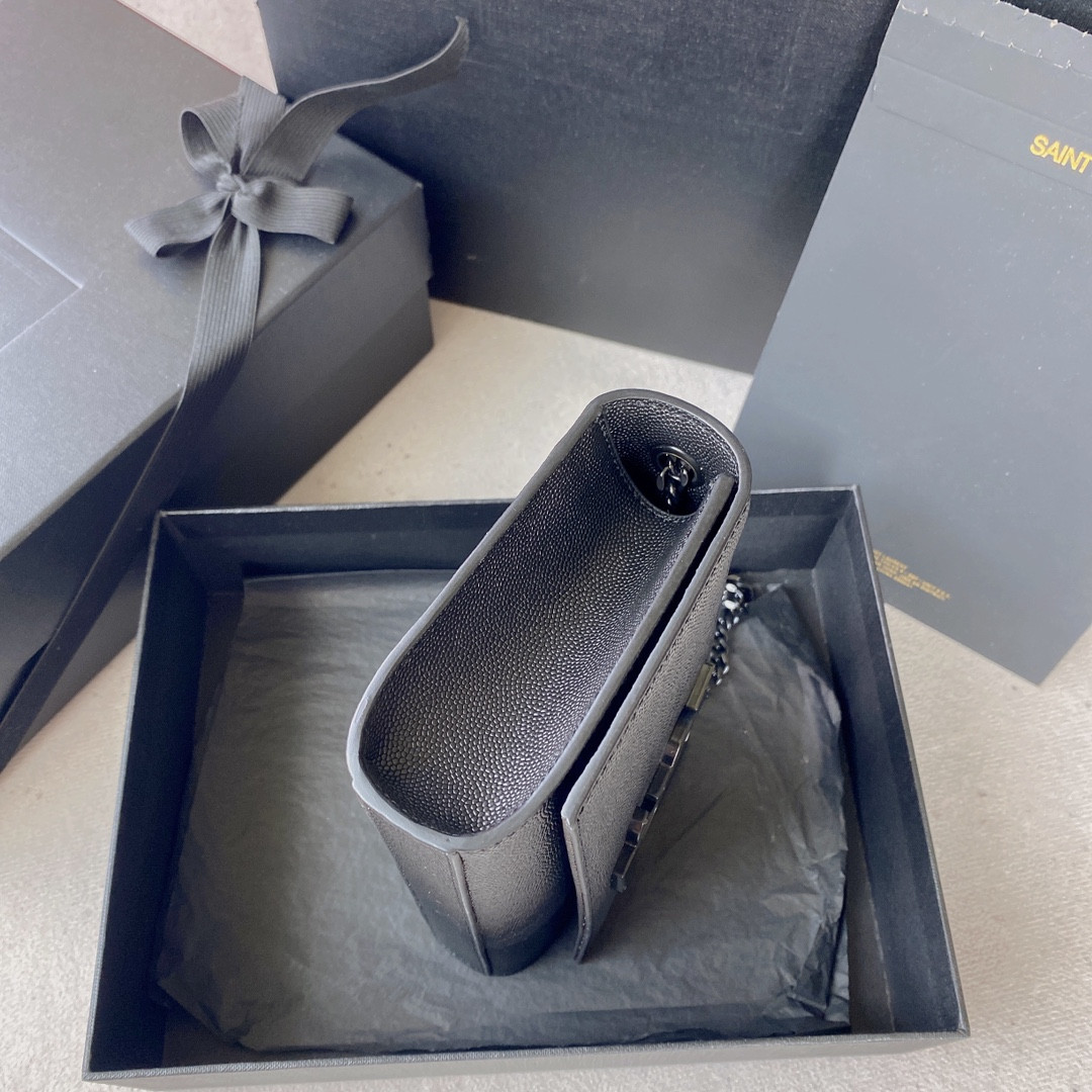 YSL KATE SMALL IN GRAIN DE POUDRE EMBOSSED LEATHER NAVY 7.8 X 4.9 X 1.9 INCHES