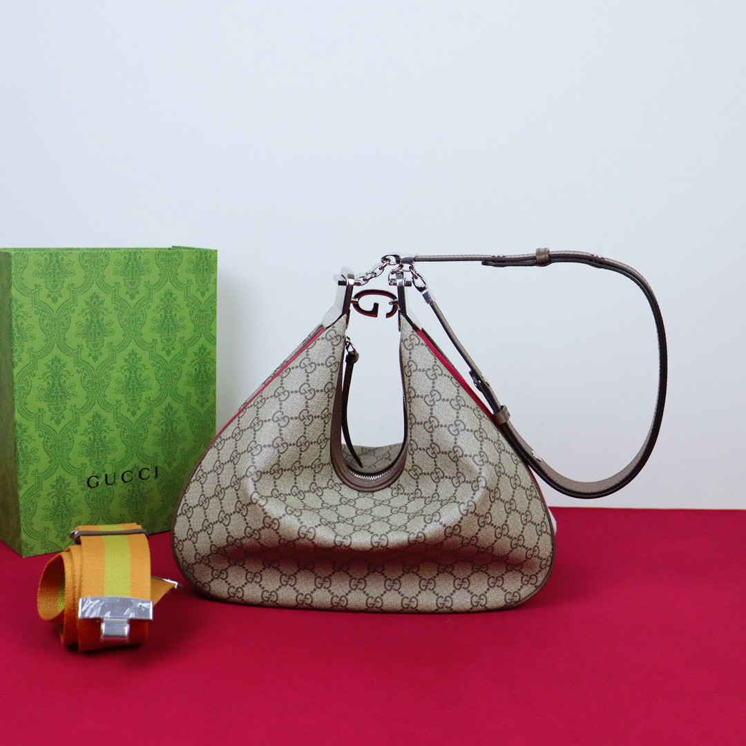 GUCCI ATTACHE MEDIUM SHOULDER BAG Beige and blue 13.8″W x 12.6″H x 2.4″D