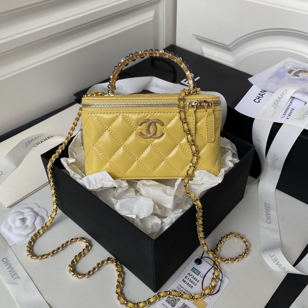 CHANEL 24P CHAIN LEATHER SQUARE BOX SHOULDER BAG YELLOW 16x10x8cm