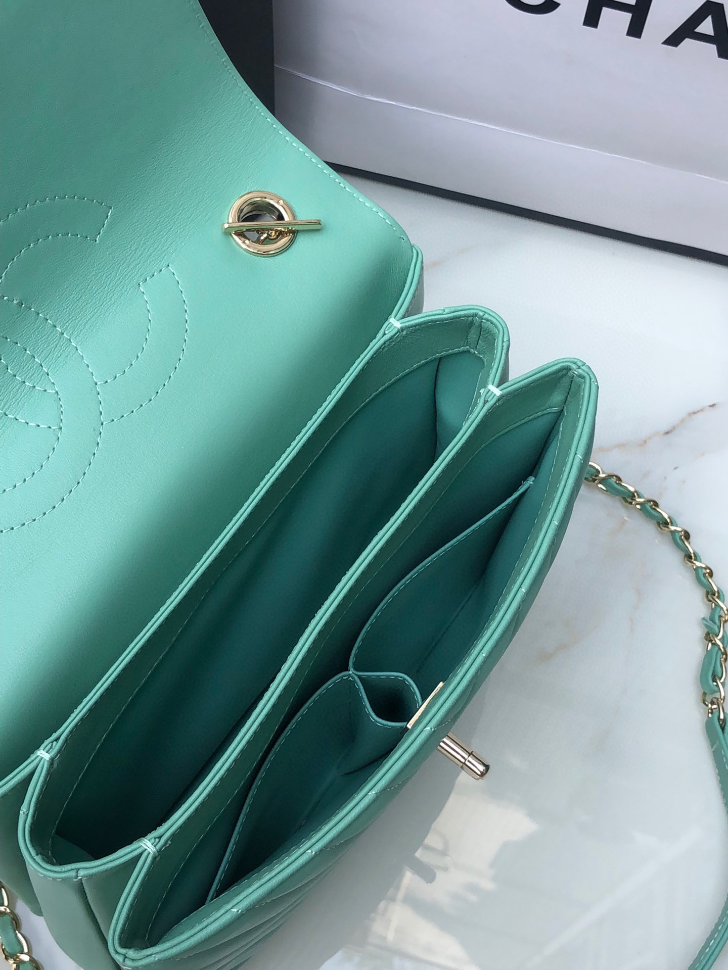 CHANEL FLAP BAG WITH TOP HANDLE BLUE SILVER 6.6 × 9.8 × 4.7 in