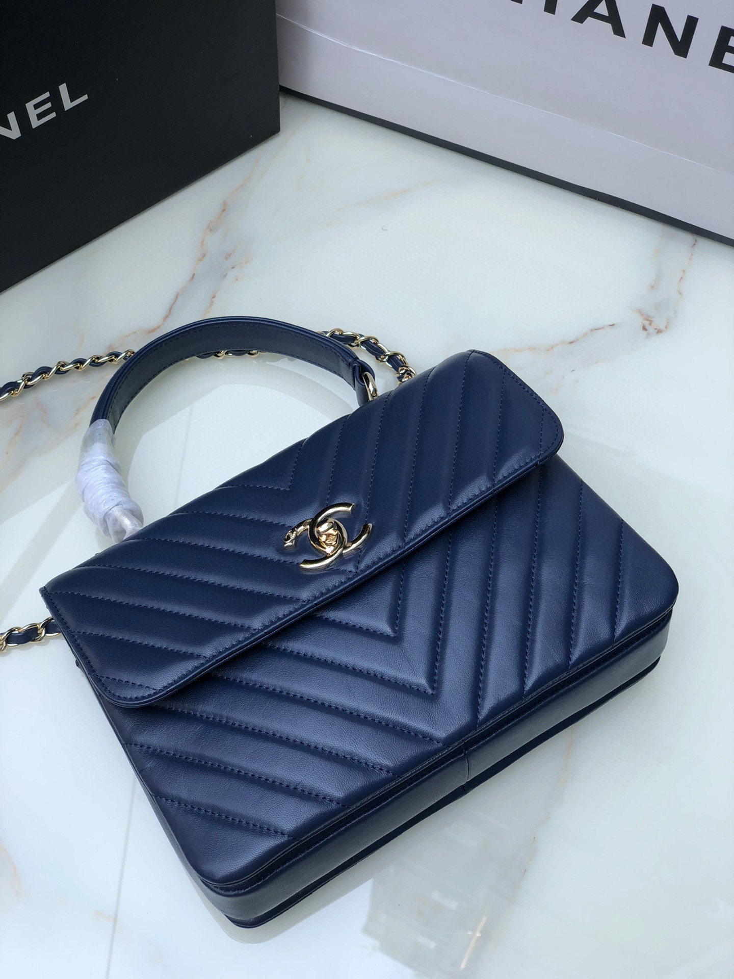 CHANEL FLAP BAG WITH TOP HANDLE NAVY 6.6 × 9.8 × 4.7 in