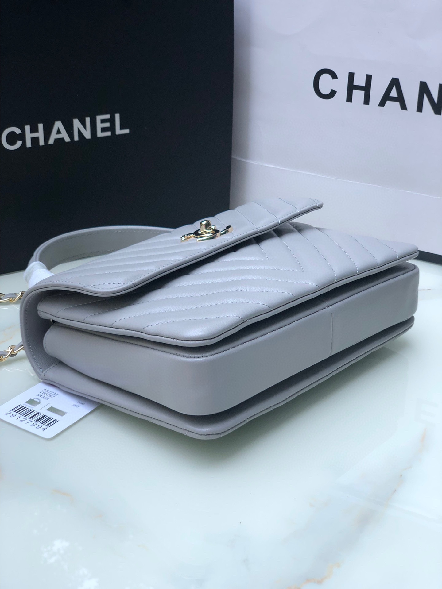 CHANEL FLAP BAG WITH TOP HANDLE GRAY 6.6 × 9.8 × 4.7 in