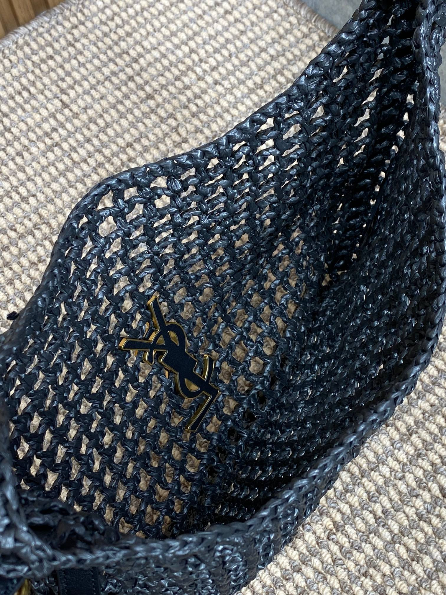 YSL OXALIS BAG IN RAFFIA MACRAMÉ BLACK 14.6X 5.7X1.2INCHES