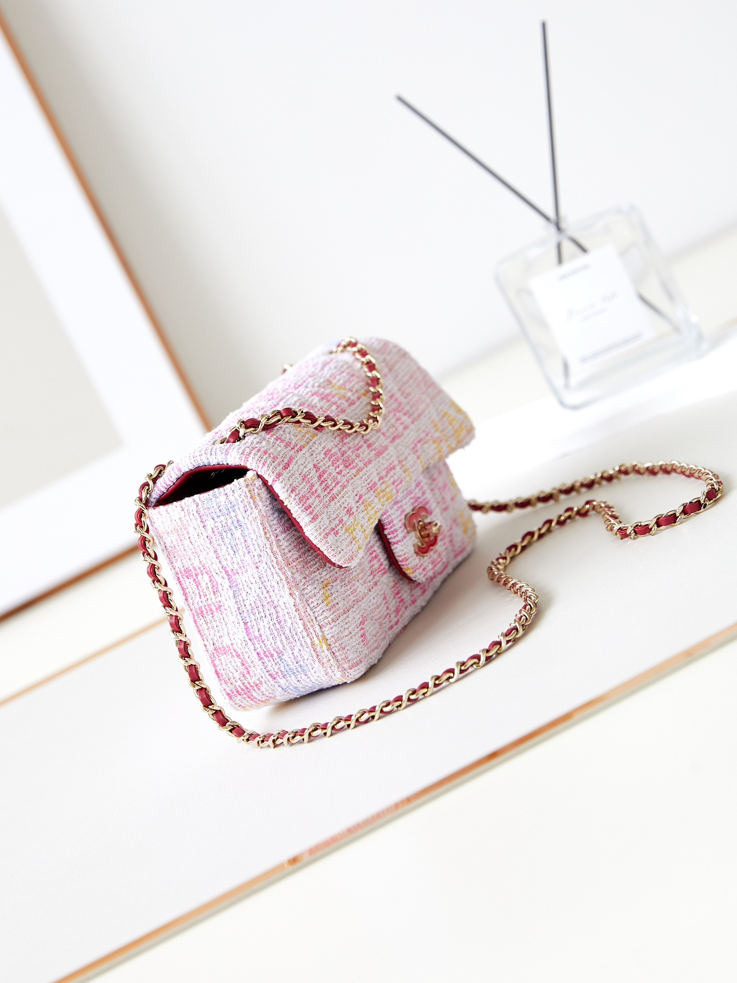 Chanel Quilted Pink Multicolor Tweed Mini Rectangular Flap Bag 20×10×7cm