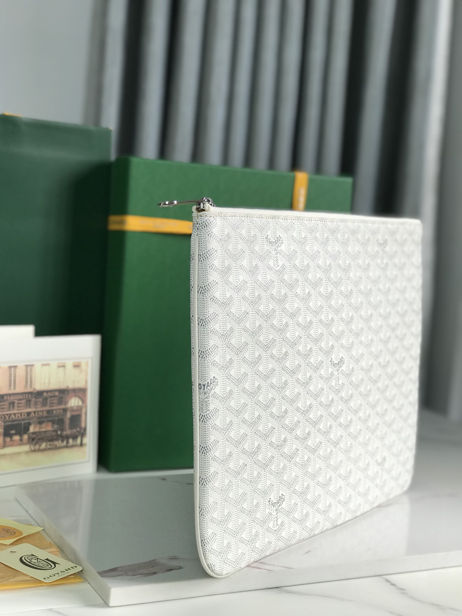 Goyard Goyardine White Senat MM Pouch Palladium Hardware 36x26x0.5cm