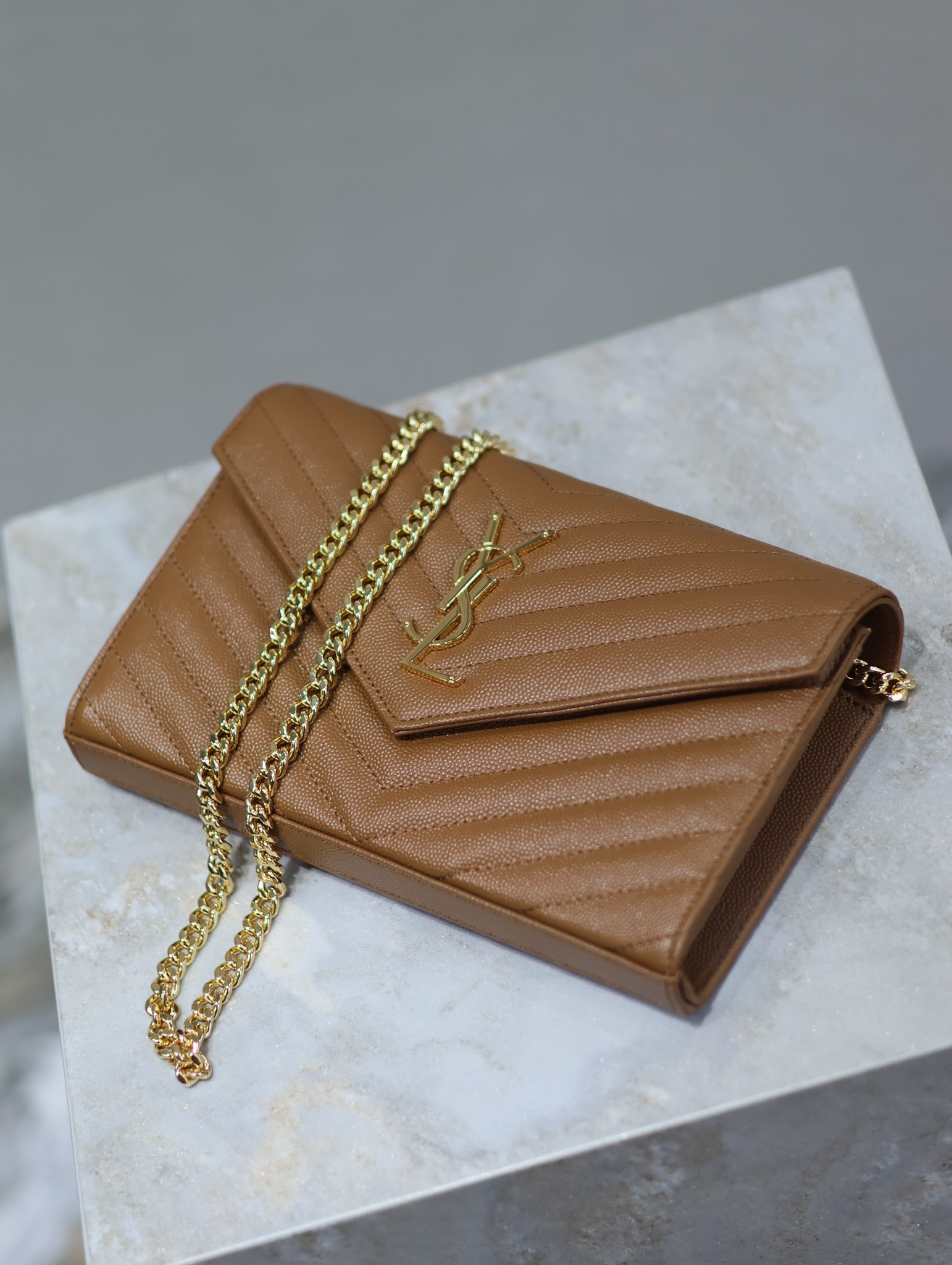 YSL Cassandra Monogram Classic Chain Wallet in Grained Poudre Leather 22.5 x 14 x 4cm