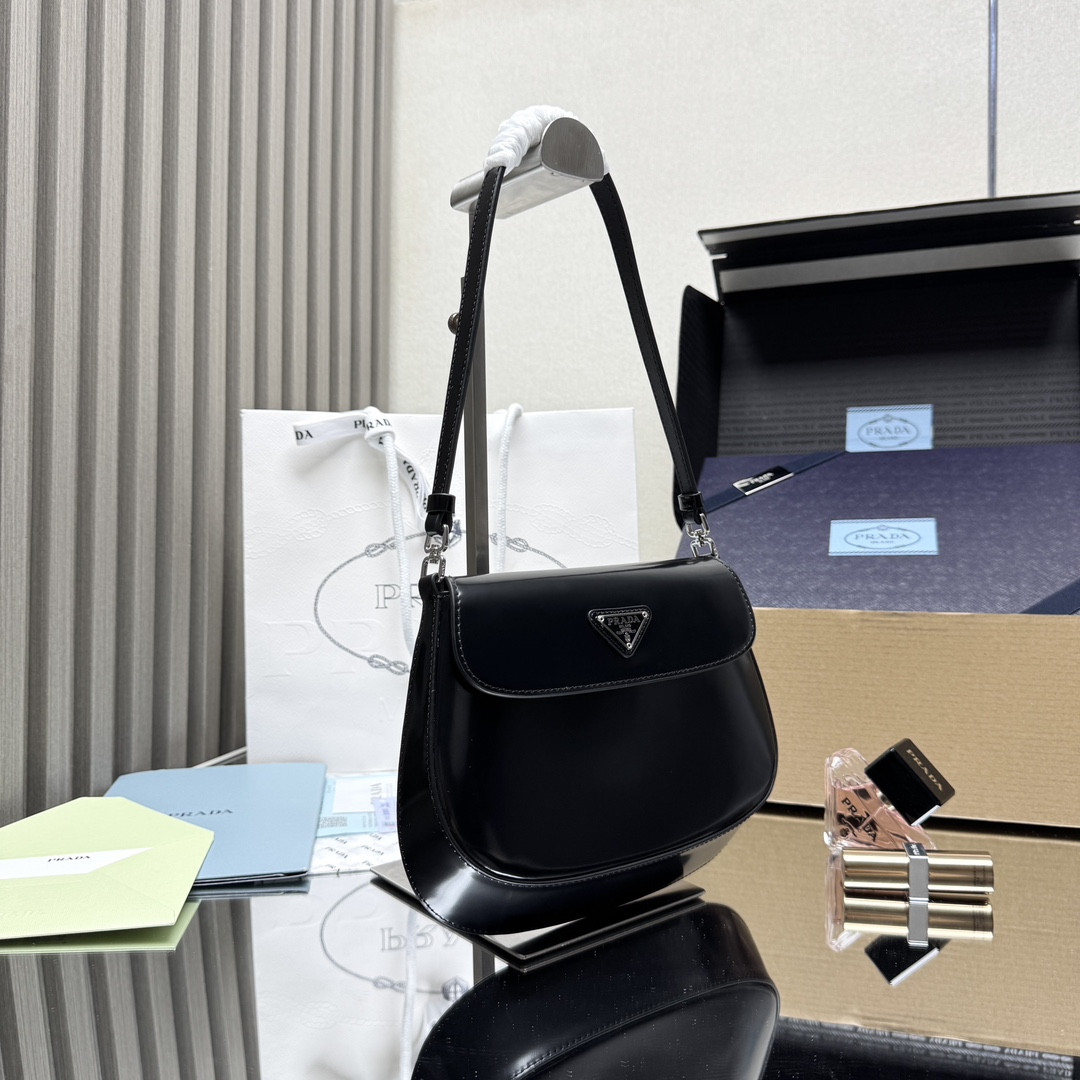 Prada Small Cleo brushed leather shoulder bag with flap 15.5x22x4cm