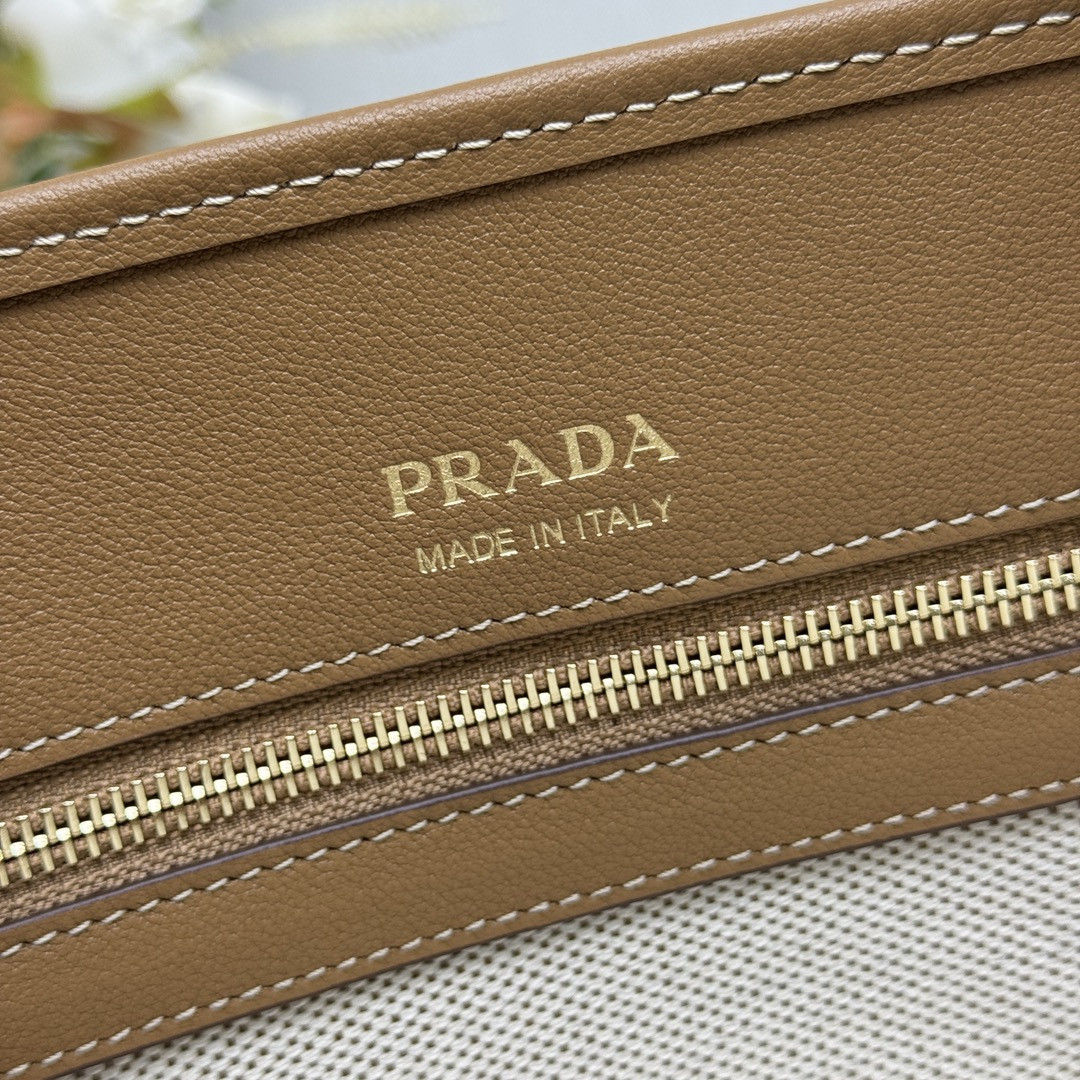 Prada Medium linen blend and leather tote bag 22.5x35x18cm